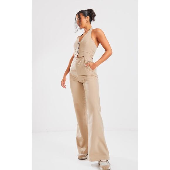 PrettyLittleThing Taupe Halterneck Vest Jumpsuit Size 4 - Picture 3 of 8